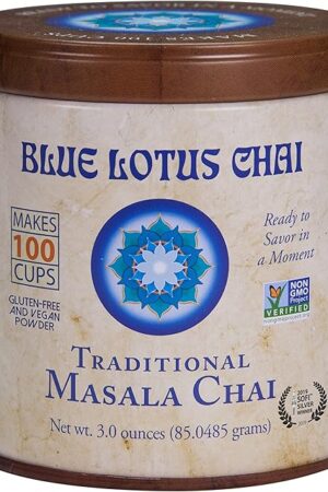 Blue Lotus Chai Tea - Traditional Masala Chai - Makes 100 Cups - 3 Ounce Masala Spiced Chai Powder with Organic Spices - Instant Indian Tea No Steeping - No Gluten