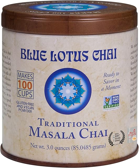 Blue Lotus Chai Tea - Traditional Masala Chai - Makes 100 Cups - 3 Ounce Masala Spiced Chai Powder with Organic Spices - Instant Indian Tea No Steeping - No Gluten