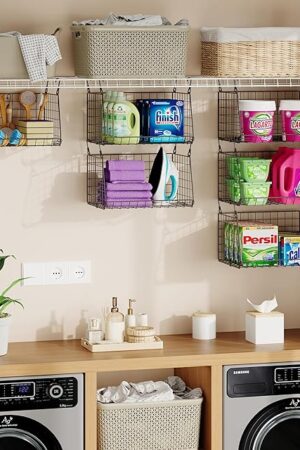 3-Pack Hanging Laundry Room Organizaton：Foldable Laundry Basket Wire Basket with 360°Rotating Hooks Small Space Organization Over Washer and Dryer Shelves - Hanging Closet Organizer, Black Patent