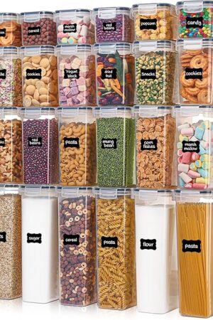 Airtight Food Storage Containers with Lids, Vtopmart 24 pcs Plastic Kitchen and Pantry Organization Canisters for Cereal, Dry Food, Flour and Sugar, BPA Free, Includes 24 Labels，Black