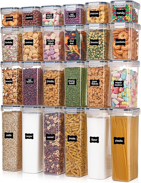 Airtight Food Storage Containers with Lids, Vtopmart 24 pcs Plastic Kitchen and Pantry Organization Canisters for Cereal, Dry Food, Flour and Sugar, BPA Free, Includes 24 Labels,Black