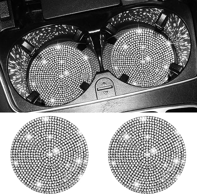 Car Cup Holder Coaster, 2 Pack Fashion Anti-Slip Shockproof Universal Vehicle Cup Holders Coasters Insert Bling Crystal Rhinestone Auto Automotive Interior Accessories for Women (White, 2 pcs)