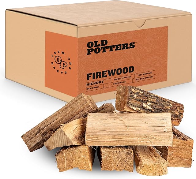 Kiln Dried Firewood - Hickory, 1100 Cu. in, 16-18 Logs ~ 8" x 2.5" Logs. Cooking Wood for Grilling, Smoking, and Firepits, Hickory.