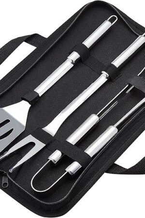 Amazon Basics 4-Piece Stainless Steel Barbeque Grilling Tool Set with Carry Bag