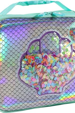Decorably Insulated Holographic Mermaid Lunchbox with Seashell PVC and Sequins Design, Easy-to-Clean Girls Lunchbox for Kids 4-6, Girls Lunch Bag for Daycare with Mesh Pocket Inside