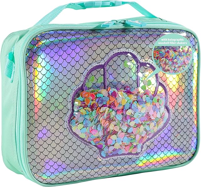 Decorably Insulated Holographic Mermaid Lunchbox with Seashell PVC and Sequins Design, Easy-to-Clean Girls Lunchbox for Kids 4-6, Girls Lunch Bag for Daycare with Mesh Pocket Inside