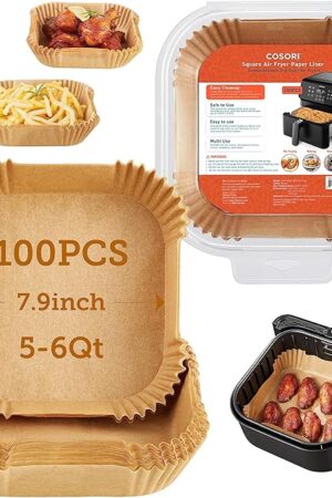 COSORI Air Fryer Liners, 100 PCS Square Disposable Paper Liners, Non-Stick Silicone Oil Coating, Little to No Cleaning, 7.9" Unbleached Food Grade, Resistant to 465°F, Thickened Not Easy to Break