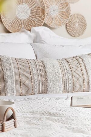 Cream Decorative Lumbar Throw Pillow Cover 14x36 Boho Long Cushion for Bed Neutral Accent Farmhouse Pillowcase for Bedroom Living Room Couch Sofa Home Décor (Cover ONLY, Pack of 1)