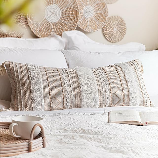 Cream Decorative Lumbar Throw Pillow Cover 14x36 Boho Long Cushion for Bed Neutral Accent Farmhouse Pillowcase for Bedroom Living Room Couch Sofa Home Décor (Cover ONLY, Pack of 1)