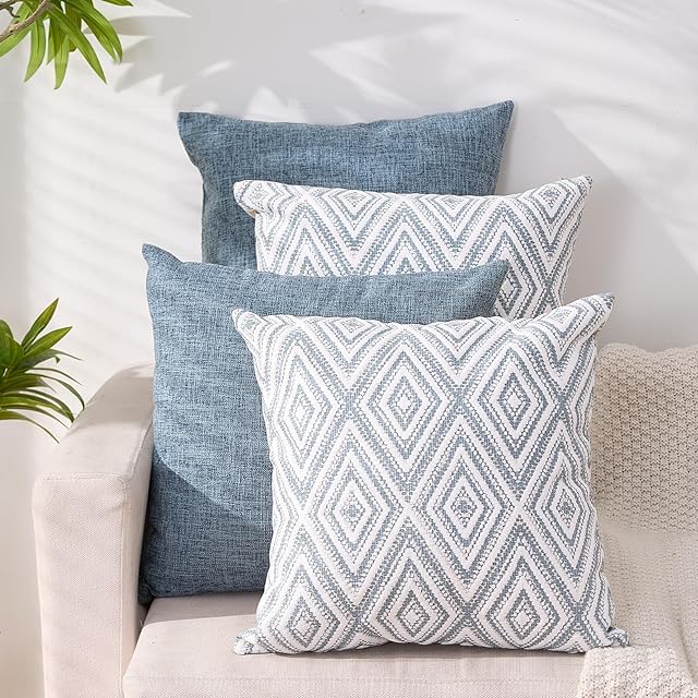 HPUK Decorative Throw Pillow Covers Set of 4 Square Couch Pillows Linen Cushion Cover for Couch Sofa Living Room, 18"x18" inches, Blue