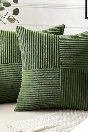 ANRODUO Pack of 2 Forest Green Fall Pillow Covers 18x18 Inch Boho Decorative Spliced Throw Pillow Covers Soft Couch Pillowcases Cross Patchwork Textured Cushion Covers for Sofa Bed Living Room