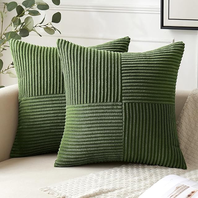 ANRODUO Pack of 2 Forest Green Fall Pillow Covers 18x18 Inch Boho Decorative Spliced Throw Pillow Covers Soft Couch Pillowcases Cross Patchwork Textured Cushion Covers for Sofa Bed Living Room