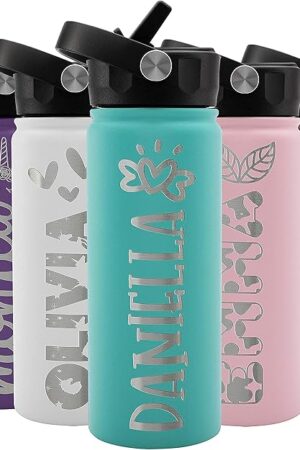 Back to School, Personalized Kids Water Bottle w NAME & 36 ICON FREE ENGRAVING! Custom Toddler Water Bottle for Children | 18 oz - 9 Color | BPA Free - Double Wall Insulated