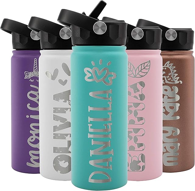 Back to School, Personalized Kids Water Bottle w NAME & 36 ICON FREE ENGRAVING! Custom Toddler Water Bottle for Children | 18 oz - 9 Color | BPA Free - Double Wall Insulated