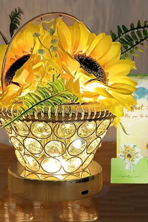 Birthday Gifts for Women, Gift Basket for Mom Sunflower Cordless Table Lamp,3 Color Crystal Lamps Touch Bedside Lamps Infinitely Dimming with USB Charge Small Night Light for Bedroom