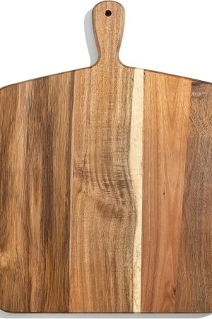 Acacia Wood Cutting Board and Chopping Board with Handle for Meat, Cheese Board, Vegetables, Bread, and Charcuterie - Decorative Wooden Serving Board for Kitchen and Dining Room, Large 17" x 13"