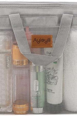 Ayieyill Shower Caddy Portable, Mesh Shower Caddy Tote Bag Quick Dry Hanging Toiletry and Bath Organizer for College Dorm, Gym, Beach, Travel or Camping with Zipper (Grey)