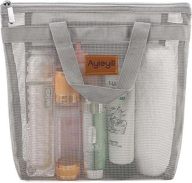 Ayieyill Shower Caddy Portable, Mesh Shower Caddy Tote Bag Quick Dry Hanging Toiletry and Bath Organizer for College Dorm, Gym, Beach, Travel or Camping with Zipper (Grey)