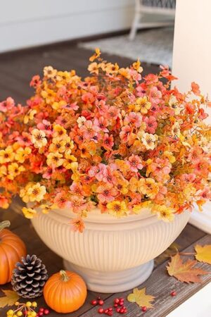 Artificial Fall Flowers Faux Mums for Outdoor Indoor Garden Home Decoration, Faux Flower Daisy with Eucalyptus Leaves Fake Mums Plants Greenery Boxwood Porch Patio, 12 Bundles