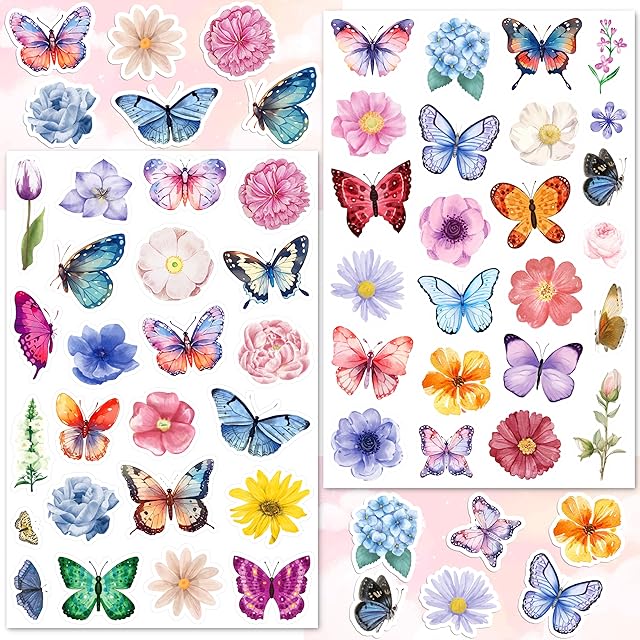 The LINAYE 24 Sheets Butterfly Flower Stickers for Kids Adults, Spring Butterfly Flower Decorative Stickers Bulk for Crafts Envelops Scrapbooking, Butterfly Party Favors Supplies for Kids Classroom
