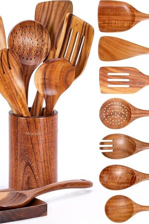 9 Piece Natural Teak Wooden Kitchen Utensil Set with Spoon Rest - Comfort Grip Cooking Spoons and Utensils Holder