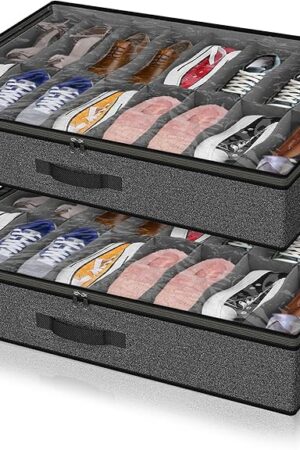 2 Pack Under Bed Shoe Storage Organizer for Closet, Fits Total 32 Pairs Foldable Underbed Shoes Containers Boxes Under the Bed Storage Bedding with Sturdy Handles&Clear Window for College Dorms, Grey