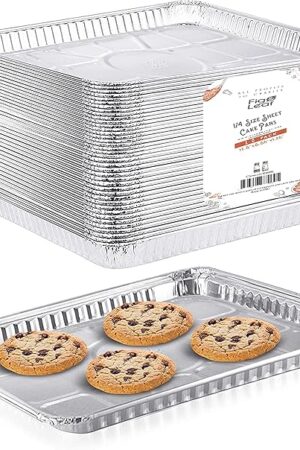 (25 Pack) 1/4 Size Cookie Sheet Baking Cake Pans l 12.8? x 8.9? Disposable Aluminum Foil Trays l Premium Heavy Duty Nonstick Baking Sheets Reusable