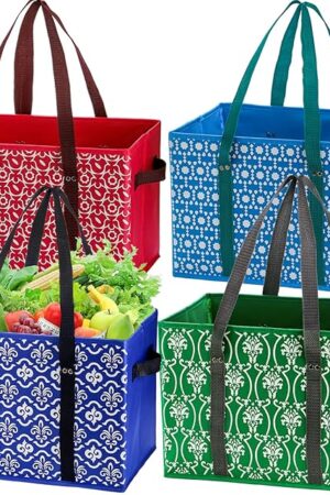 WUWEOT 4 Pack Reusable Grocery Bags, Large Shopping Box Tote, Foldable Washable Storage Bins with Reinforced Bottom Heavy Duty Handles for Fruit Vegetable Clothes Toys and Picnic