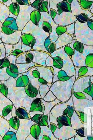 Window Privacy Film Stained Glass Decorative Static Clings Rainbow Window Tint for Home Room Decor Bathroom Door Car Stickers with Iridescent Effect, Removable(Blue & Green pothos Botanical)