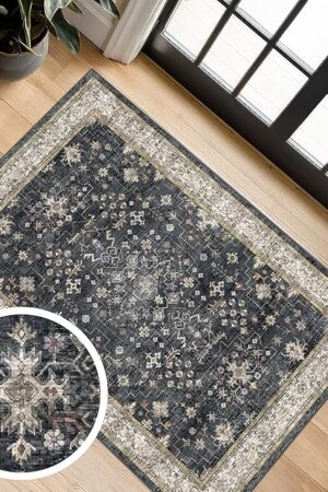 Black Washable Entry Rug, 2x3 Small Rugs for Entryway Kitchen Bathroom Door Mat Indoor Entrance, Non Slip Rubber Backing, Stain & Fade Resistant, Ashen Charcoal Floral Decor