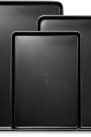 BINO Bakeware Nonstick Cookie Sheet Baking Tray Set, 3-Piece - Black | Non Stick Baking Pans Set | Carbon Steel Tray Bakeware Sets | Oven Safe | Cookie Sheet Pans | Food-Safe