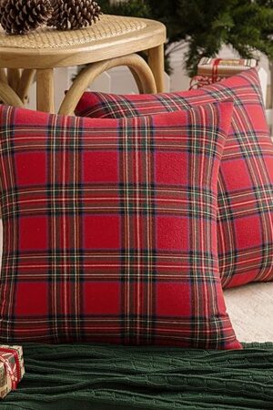 AQOTHES Pack of 2 Christmas Plaid Decorative Throw Pillow Covers Scottish Tartan Cushion Case for Farmhouse Home Holiday Decor Red and Green, 18 x 18 Inches