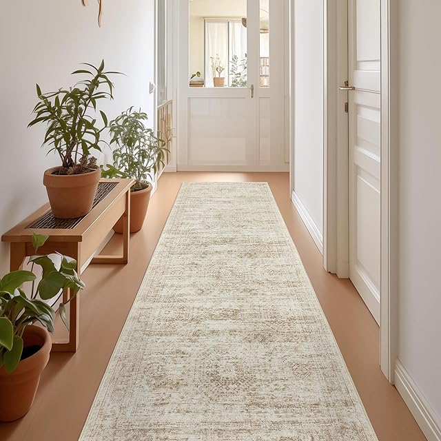Rug Runners for Hallways Non Slip - 2x8 Runner Rug for Bedroom, Washable Runner with Rubber Backing, Soft Low-Pile Carpet for Kitchen, Laundry, Bathroom (2'x8', Beige/Ivory)