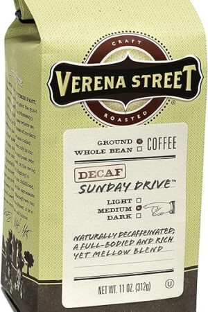 Verena Street 11 Ounce Ground, Swiss Water Process Decaf Coffee, Sunday Drive Decaffeinated, Medium Roast Rainforest Alliance Certified Arabica Coffee