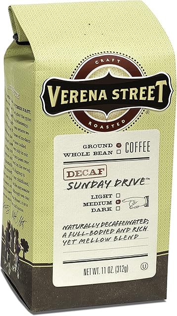 Verena Street 11 Ounce Ground, Swiss Water Process Decaf Coffee, Sunday Drive Decaffeinated, Medium Roast Rainforest Alliance Certified Arabica Coffee