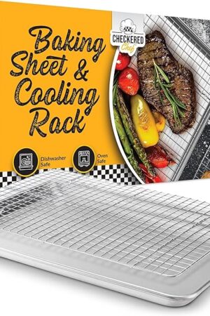 Checkered Chef Baking Sheet Pan and Cooling Rack - Half Sheet, 18" x 13" Aluminum Cookie Sheets and Stainless Steel Wire Rack for Baking