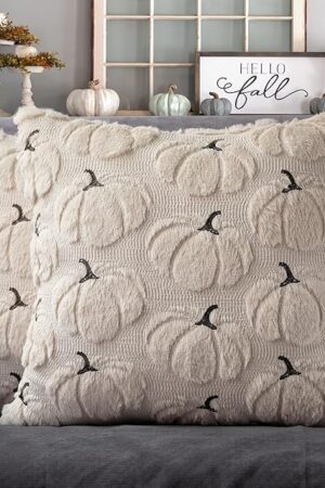 4TH Emotion Fall Pumpkins Decorative Pillow Covers 18x18 Set of 2, Beige Soft Plush Faux Fur Wool Farmhouse Throw Cushion Cases for Autumn Thanksgiving Holiday Home Decorations