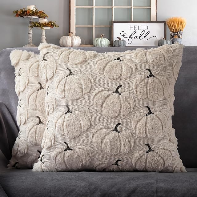 4TH Emotion Fall Pumpkins Decorative Pillow Covers 18x18 Set of 2, Beige Soft Plush Faux Fur Wool Farmhouse Throw Cushion Cases for Autumn Thanksgiving Holiday Home Decorations