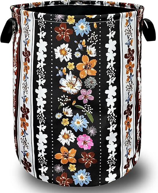 Boho Flowers Laundry Basket Foldable With Handles Universal Tote Bag Oxford Cloth Colorful Laundry Hamper 18.9" x 16.5" Clothes Storage Bucket Toy Organizer For Bathroom/Laundry/Bedroom