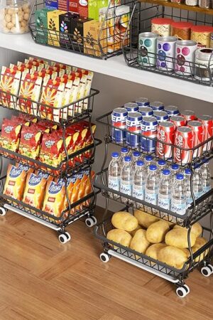 3-Tier Rolling Pantry Floor Organizer and Storage Cart with Wheels, Stackable Wire Pantry Baskets for Pantry Shelves, Kitchen Fruit Basket Stand and Storage Rack for Fruit Snack Onion Potato