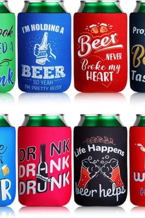 Can Cooler Sleeve for Beer Funny Quotes Insulated Neoprene Drink Cooler Sleeves Collapsible Drink Holder for Beverages Wine Cans Bottles BBQs Party Favors(8 Pcs,4.9 x 3.7 Inch)