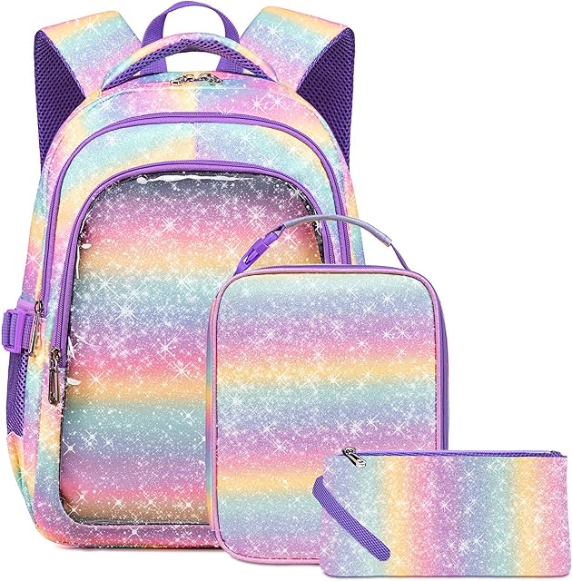 Unicorn Girls Backpack with Lunch Box for Kids Gradient Rainbow Glitter Bookbag for Age 4-6 6-8 8-10 School Bag for Primary Kindergarten Elementary Pre School Aesthetic Lightweight Mochila Para Niñas