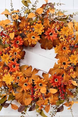 Artificial Fall Wreath 22 Inch Fall Wreaths for Front Door with Orange Berries Daisies Eucalyptus Leaves Autumn Door Wreaths for Thanksgiving Harvest Festival Wall Porch Farmhouse