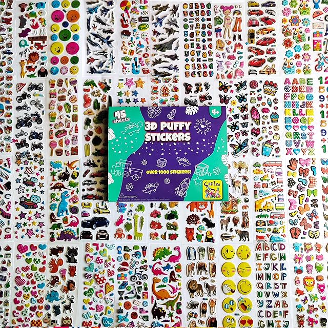 The Stickers for Kids 45 Sheets - 3D Puffy Sheets with 1300+ Kids Stickers - Perfect for Party Bag Fillers, Sticker for Scrapbooking, Fun with Sticker of Cars, Letters, Numbers, Dinosaur, Stars & More