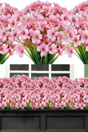 AmyHomie 20 Bundles Artificial Flowers for Outdoor Outside Spring Summer Decoration UV Resistant Faux Flowers No Fade Fake Plastic Plants Garden Porch Window Box Decorating (Pink)