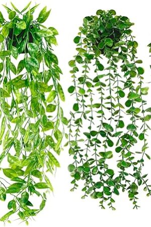 Artificial Hanging Plants for Shelf, 4 Pack Fake Potted Greenery Faux Eucalyptus Vine, Mandala Vine, String of Pearls,Pea pod Leaves in Pot for Office Living Room Bathroom Indoor Outdoor Décor
