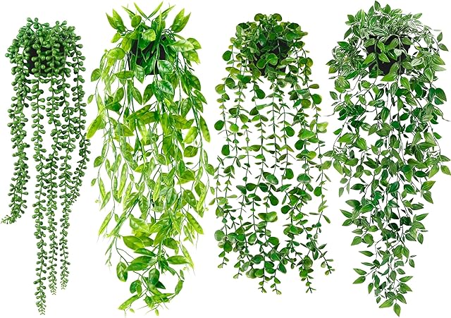 Artificial Hanging Plants for Shelf, 4 Pack Fake Potted Greenery Faux Eucalyptus Vine, Mandala Vine, String of Pearls,Pea pod Leaves in Pot for Office Living Room Bathroom Indoor Outdoor Décor