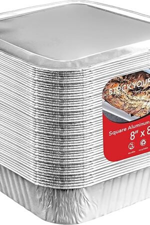 8x8 Foil Pans with Lids (20 Pack) 8 Inch Square Aluminum Pans with Covers -Disposable Food Containers Great for Baking Cake, Cooking, Heating, Storing, Prepping Food