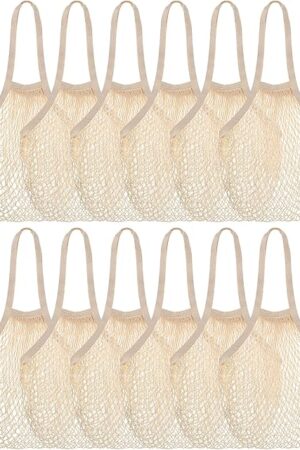 Eccliy 12 Pieces Farmers Mesh Grocery Bag Beach Bags Bulk Reusable Cotton Net Aesthetic Portable Tote with Handles for Fruit Vegetable(Beige)