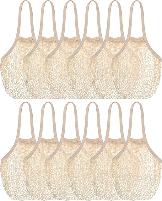 Eccliy 12 Pieces Farmers Mesh Grocery Bag Beach Bags Bulk Reusable Cotton Net Aesthetic Portable Tote with Handles for Fruit Vegetable(Beige)